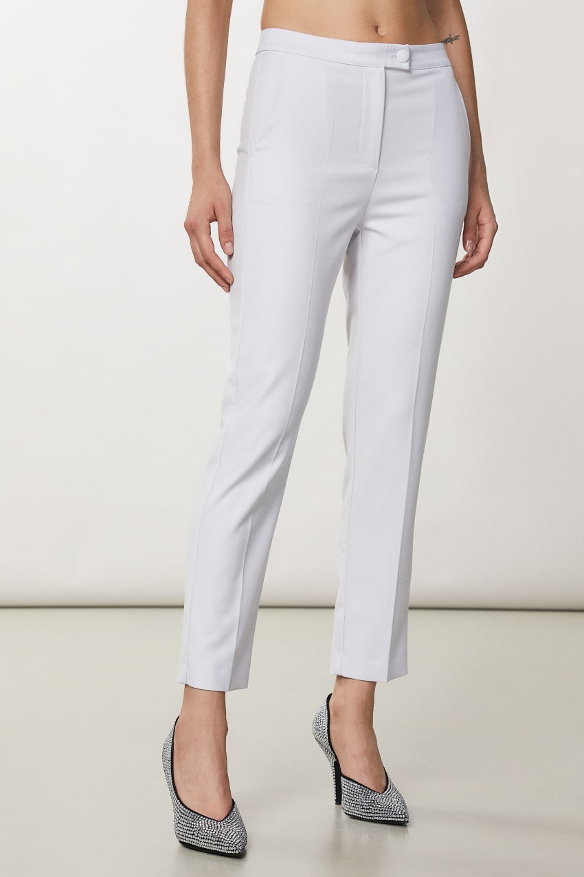 All white linen high waisted flat-front Cigarette Pants | Sumissura