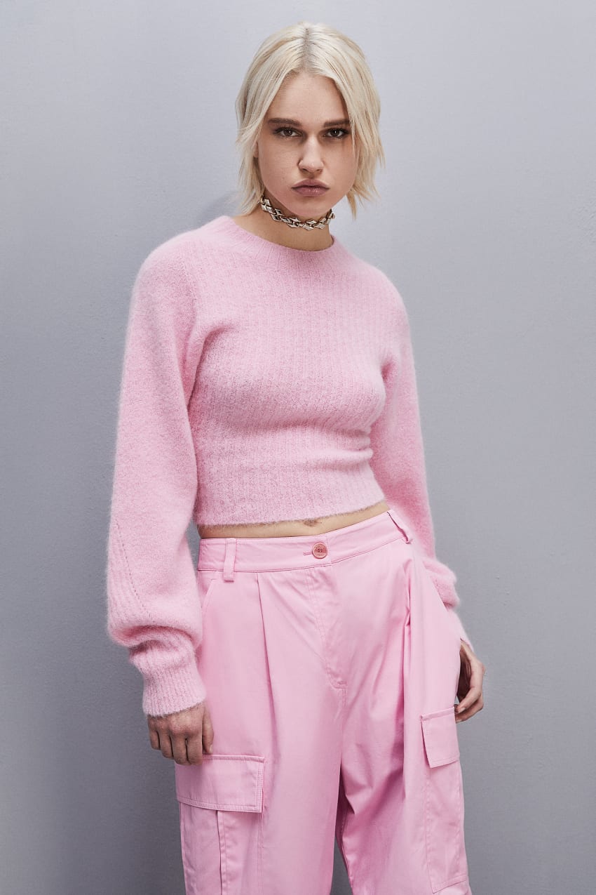 Pink Ribbed Cropped Roll Neck Sweater