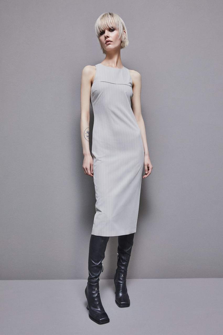 Pinstripe crew neck midi sheath dress