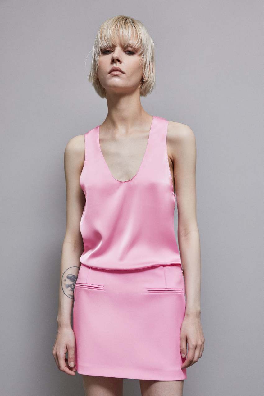 Pink satin blouse top sales