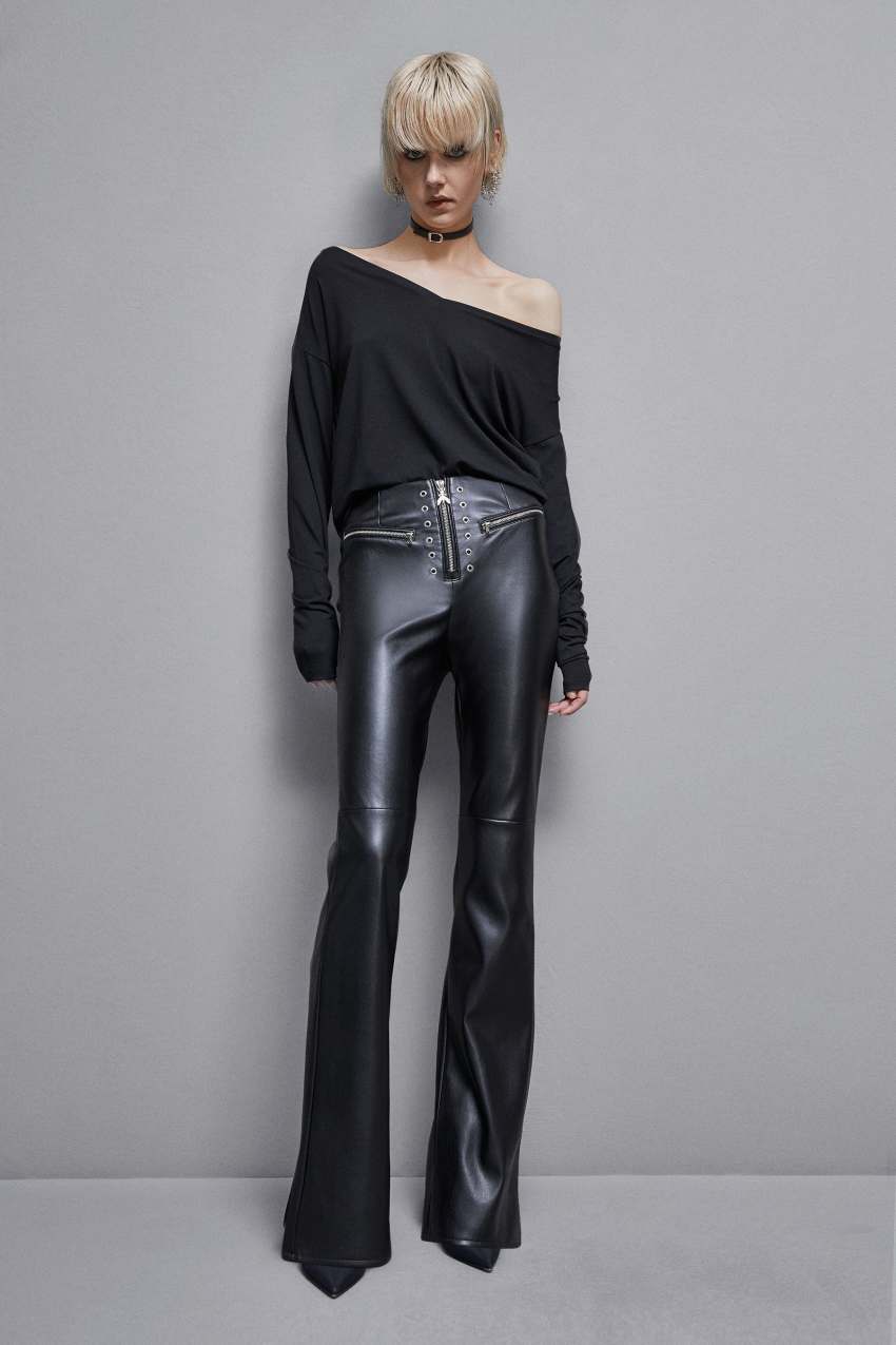Pantalon evase taille haute en simili cuir Noir Patrizia Pepe
