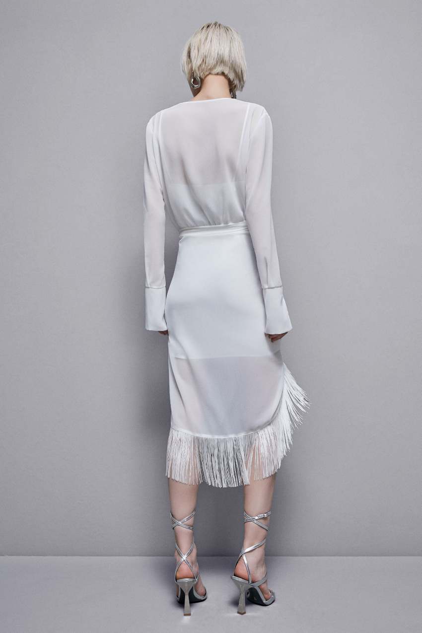 Satin and georgette dress with fringes