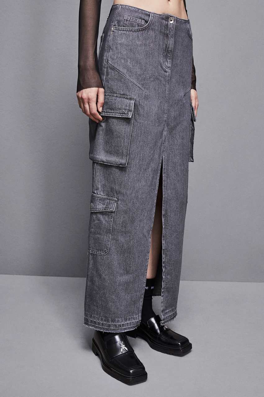 Long gray denim skirt top