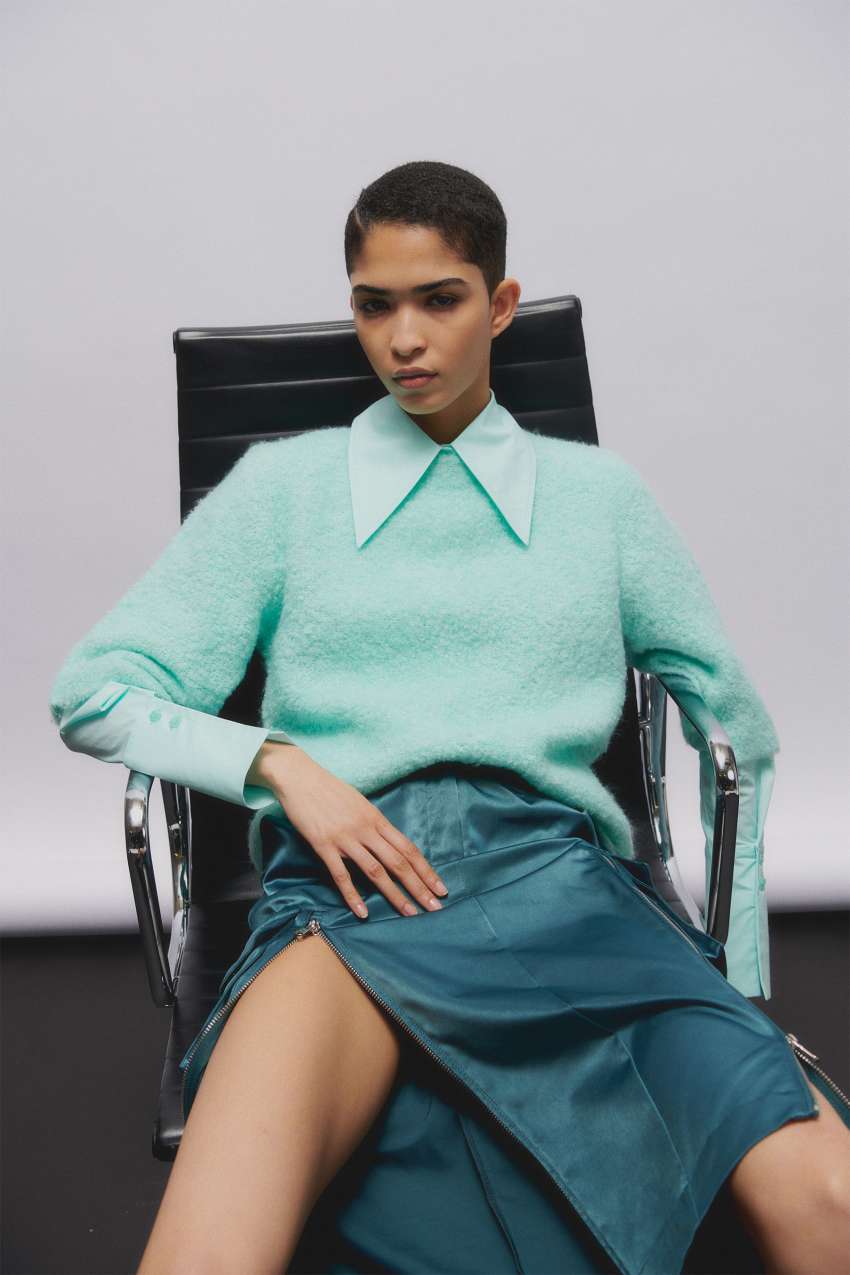 Blue skirt green sweater store