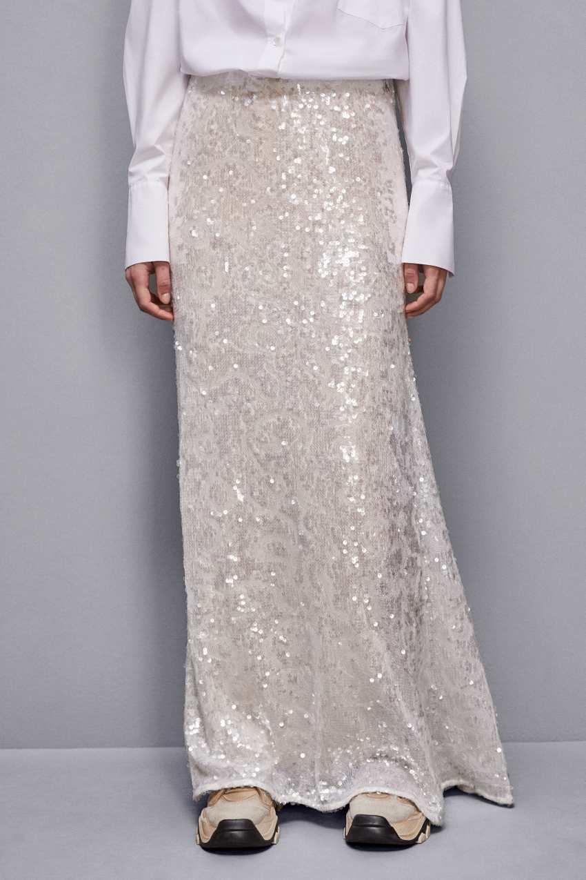 White and silver sequin skirt on sale