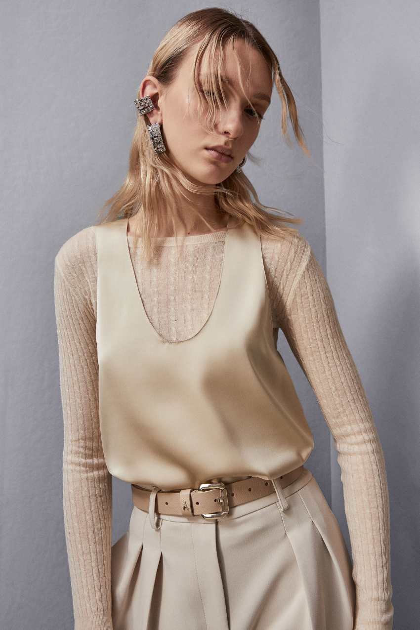 Beige satin blouse deals