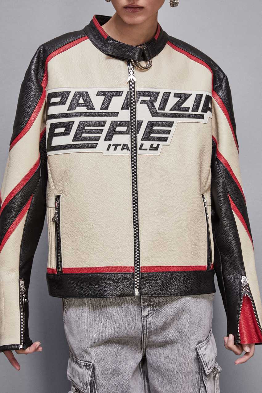 Leather racing biker jacket | Beige | Patrizia Pepe