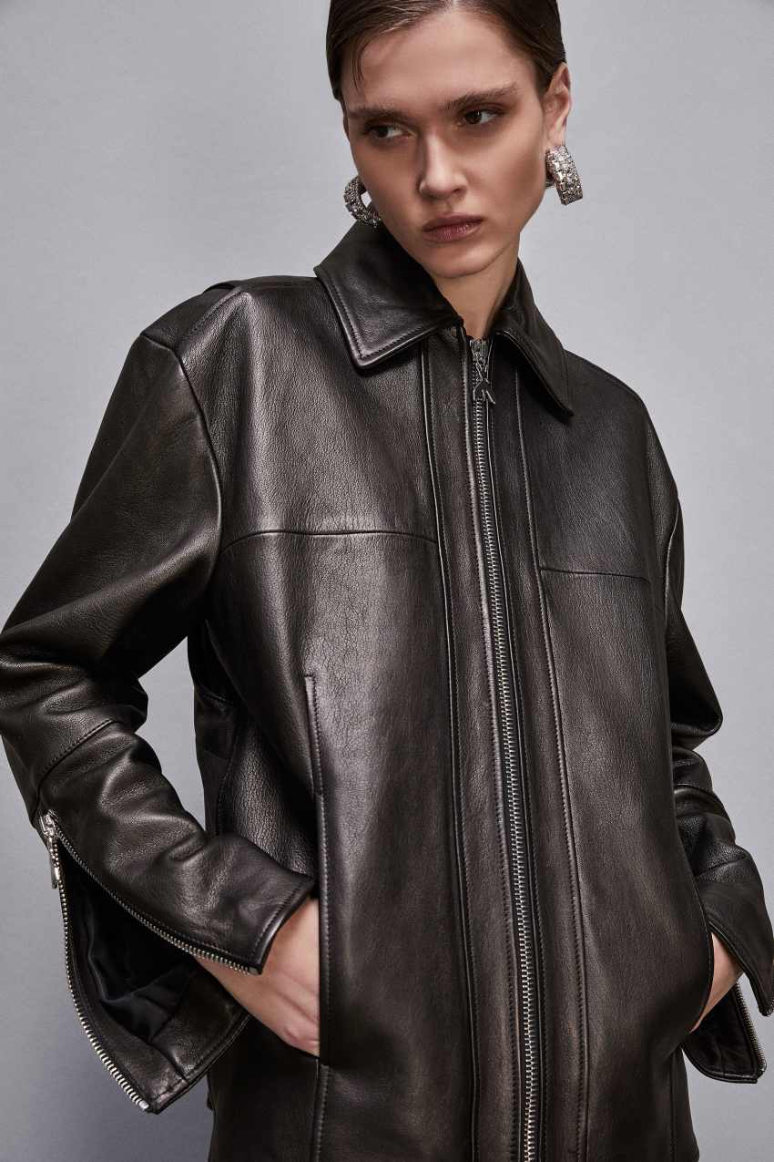 Leather jacket with zipper