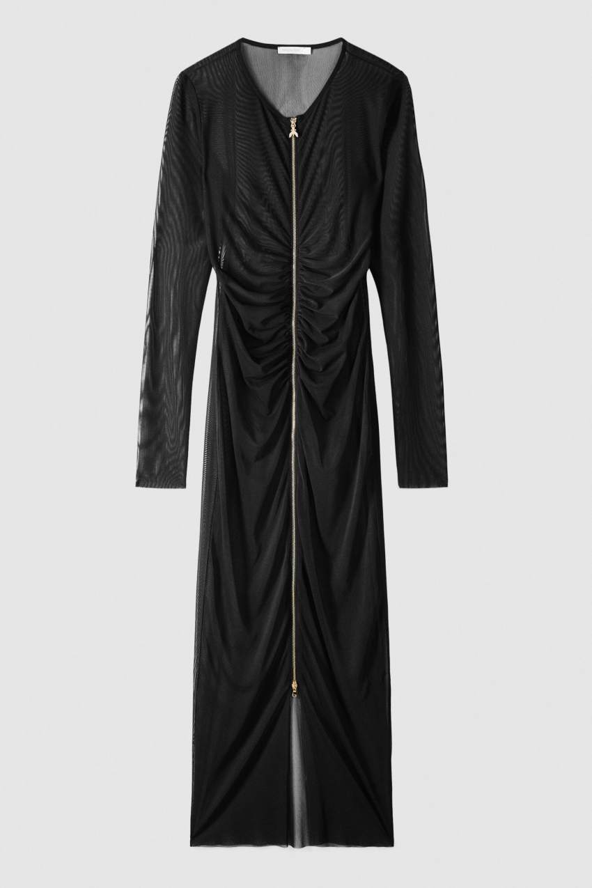 Full zip tulle midi dress | Black | Patrizia Pepe
