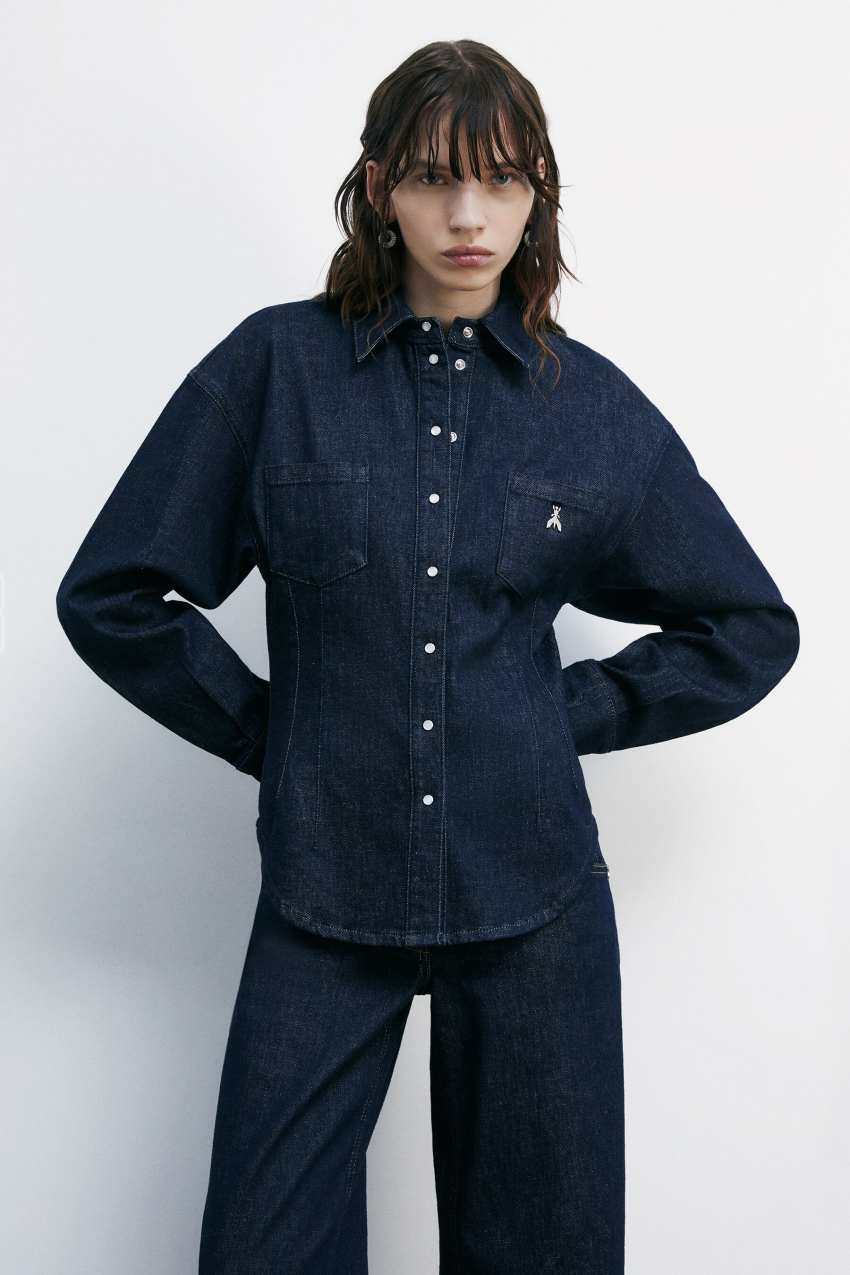 NINE9U sweat×denim balloon-sleeve Tops Denim Balloon-Sleeve Shirt | Gap