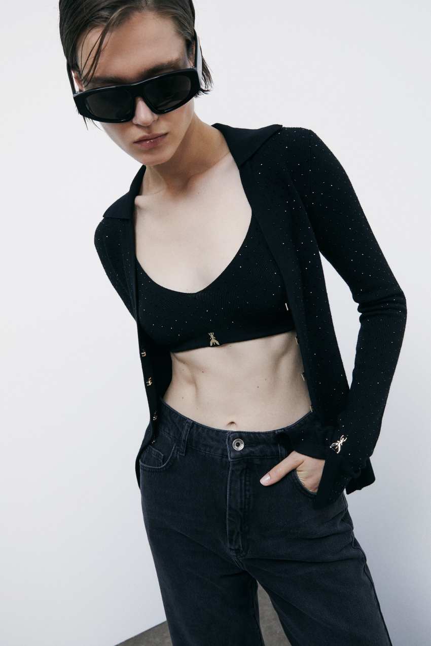 Top bra in maglia con strass