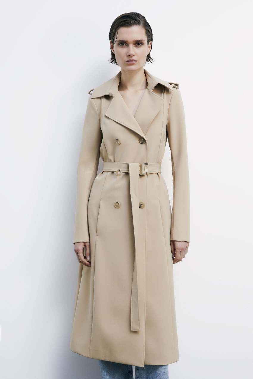 【美品】PATRIZIA PEPE ウールニット アウター ベージュ Trench coat with buckle made of bielastic nylon