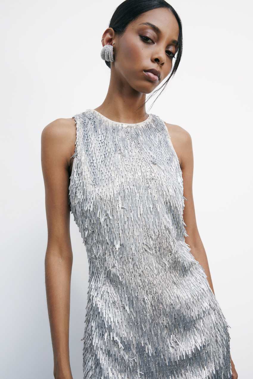 Patrizia Pepe Tulle Mini Dress with Waterfall Sequins Wolly White & Silver (Silver) Woman Size 44