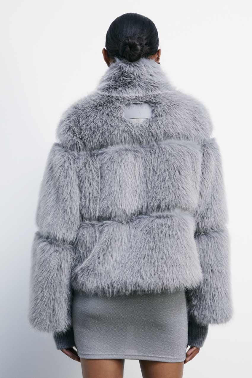 rosemuse fullfy faux fur short coat gray BNWT M&S Collarless