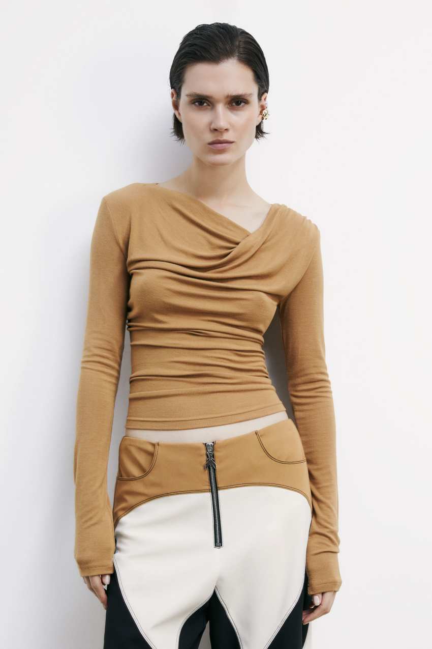 Top with asymmetrical neckline and draping | Beige