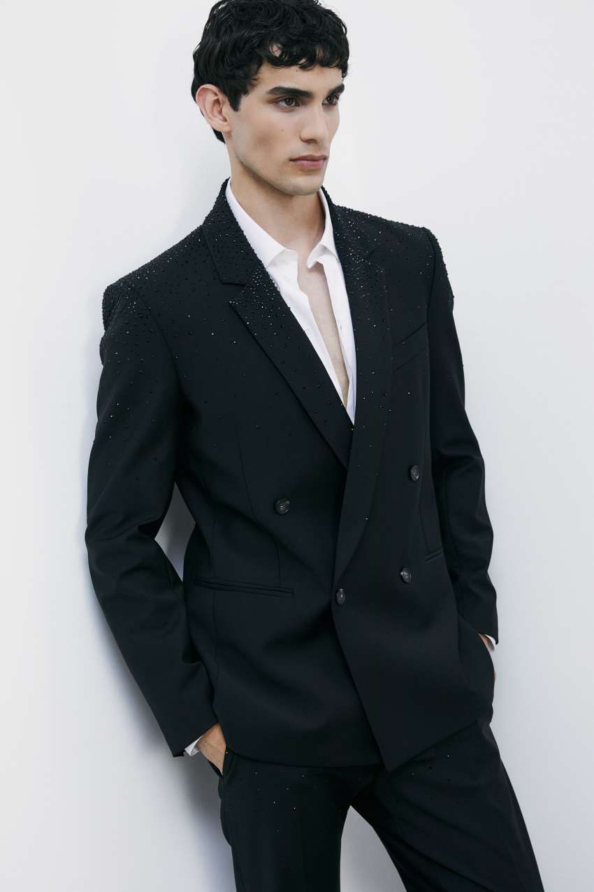 Giacca doppiopetto in frescolana con strass