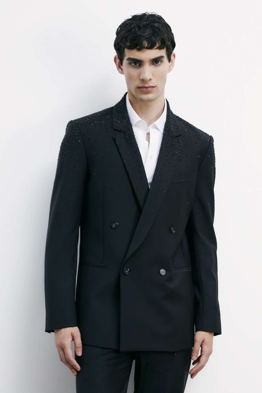 Double-breasted jacket in cool wool with rhinestones | Black