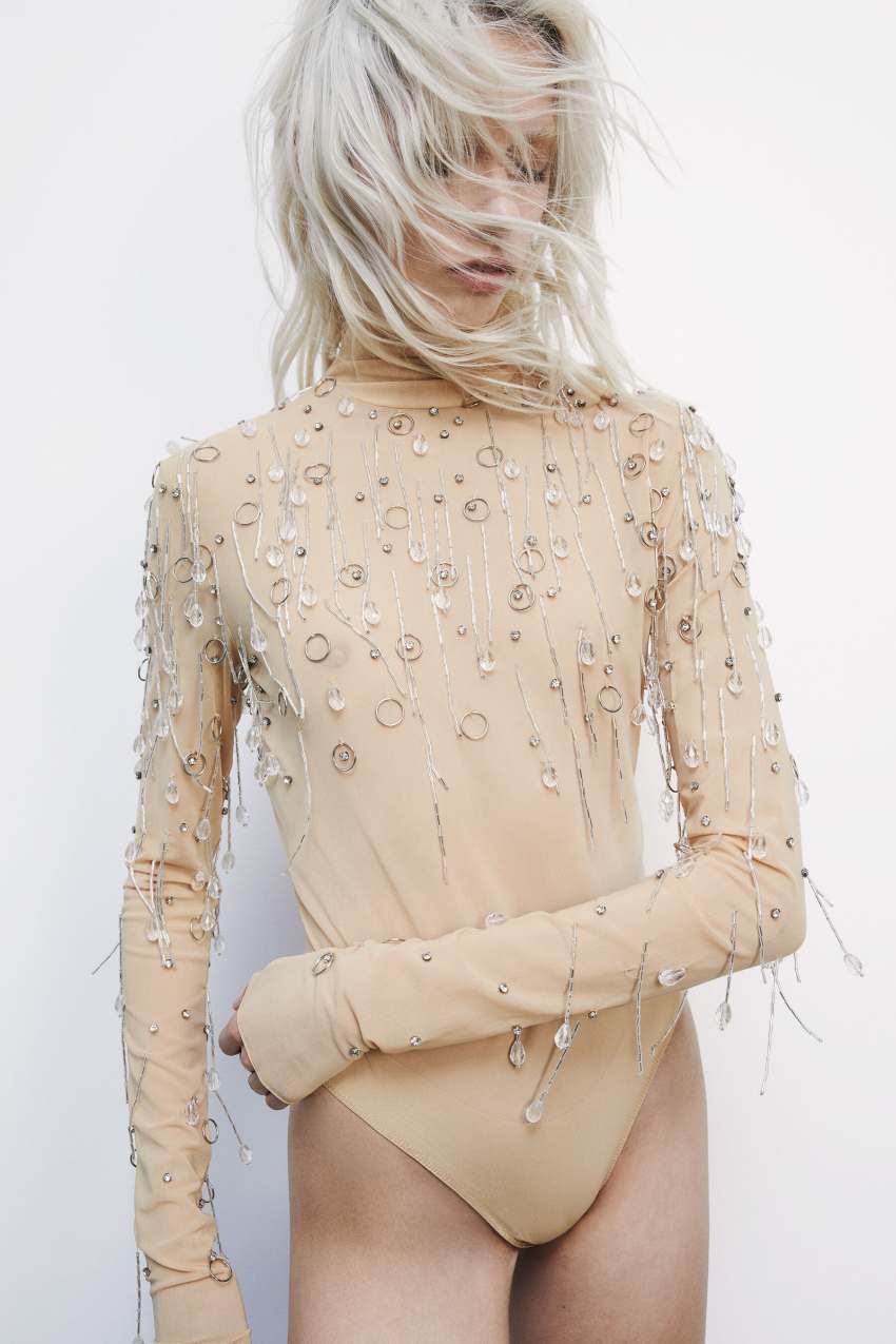Tulle jeweled bodysuit | Beige | Patrizia Pepe