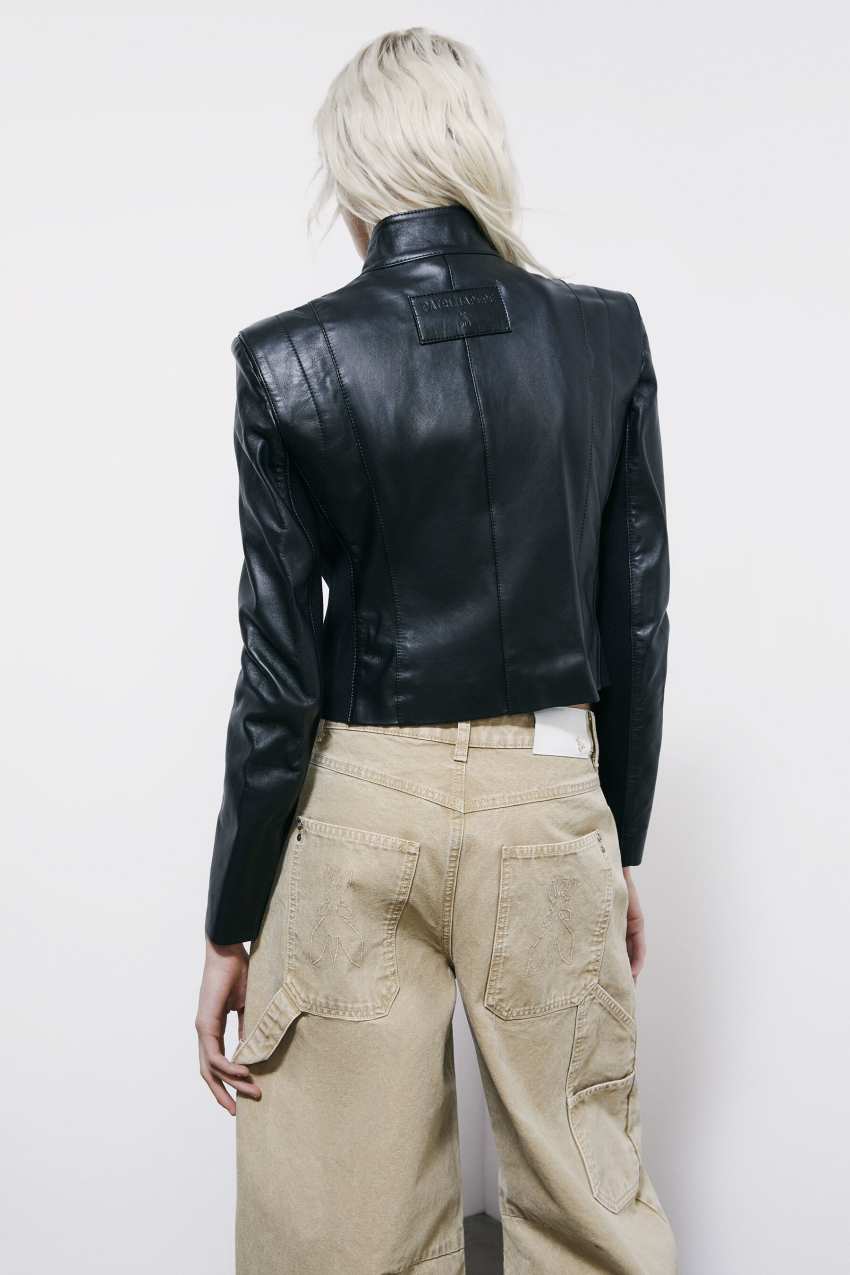 Leather biker jacket with knitted inserts | Black | Patrizia Pepe