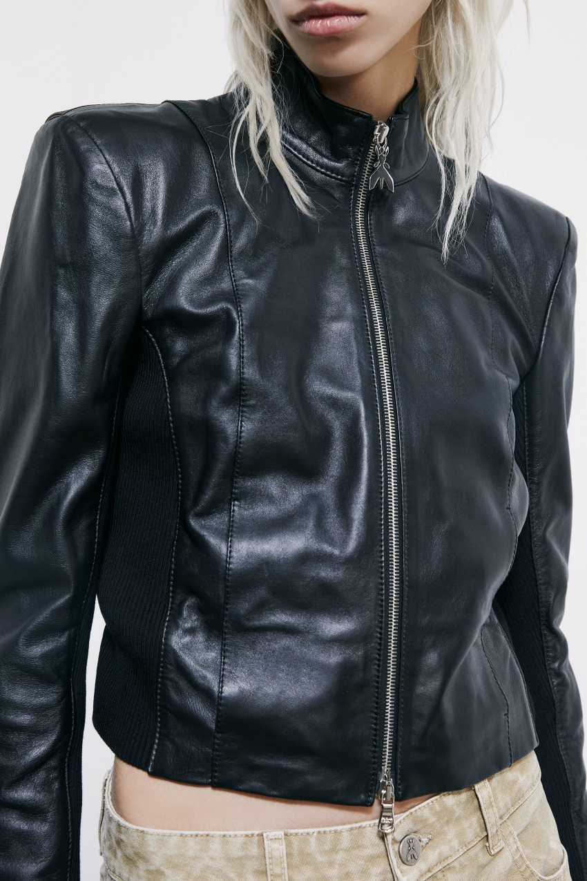 Leather biker jacket with knitted inserts | Black | Patrizia Pepe