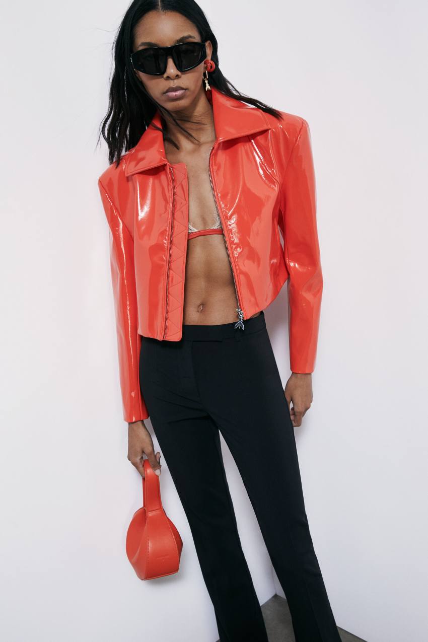 Glossy cropped biker jacket