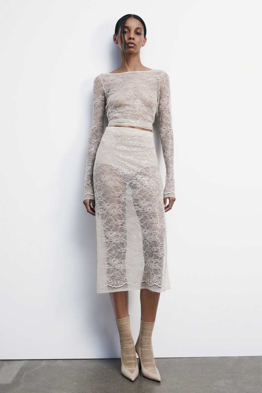 Gonna midi in pizzo con paillettes