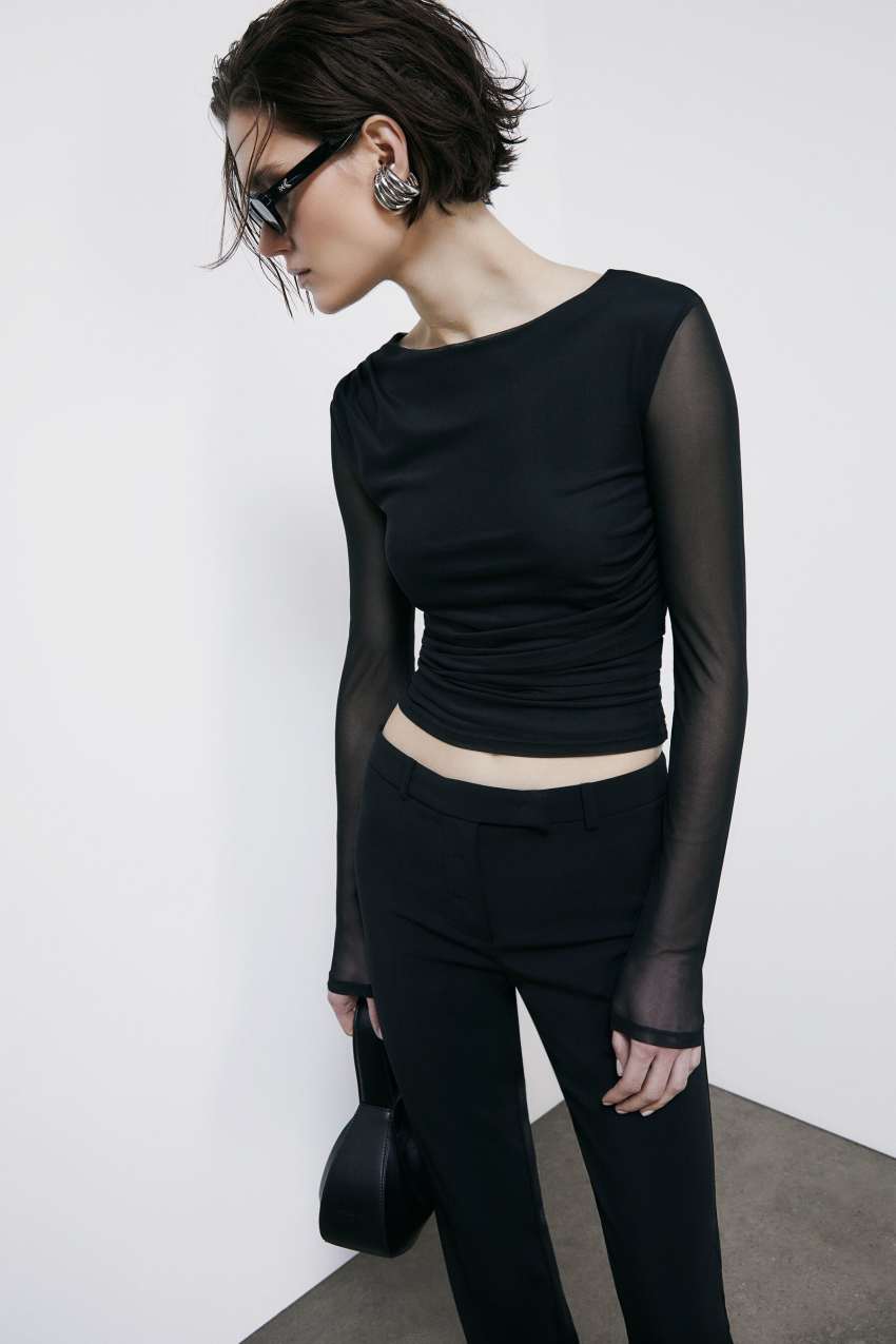 Draped tulle T-shirt | Black | Patrizia Pepe