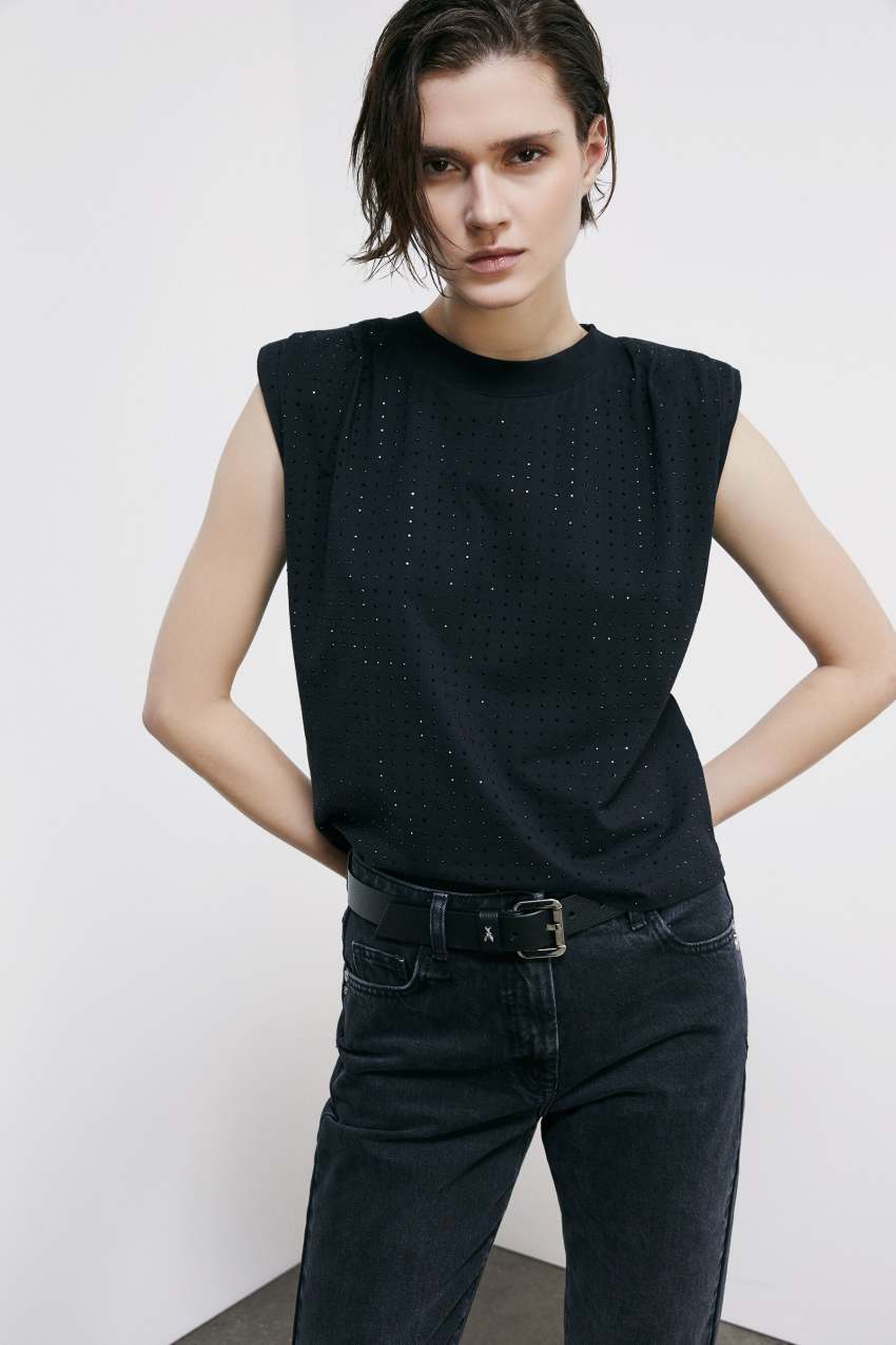 Cotton vest with rhinestones | Black | Patrizia Pepe