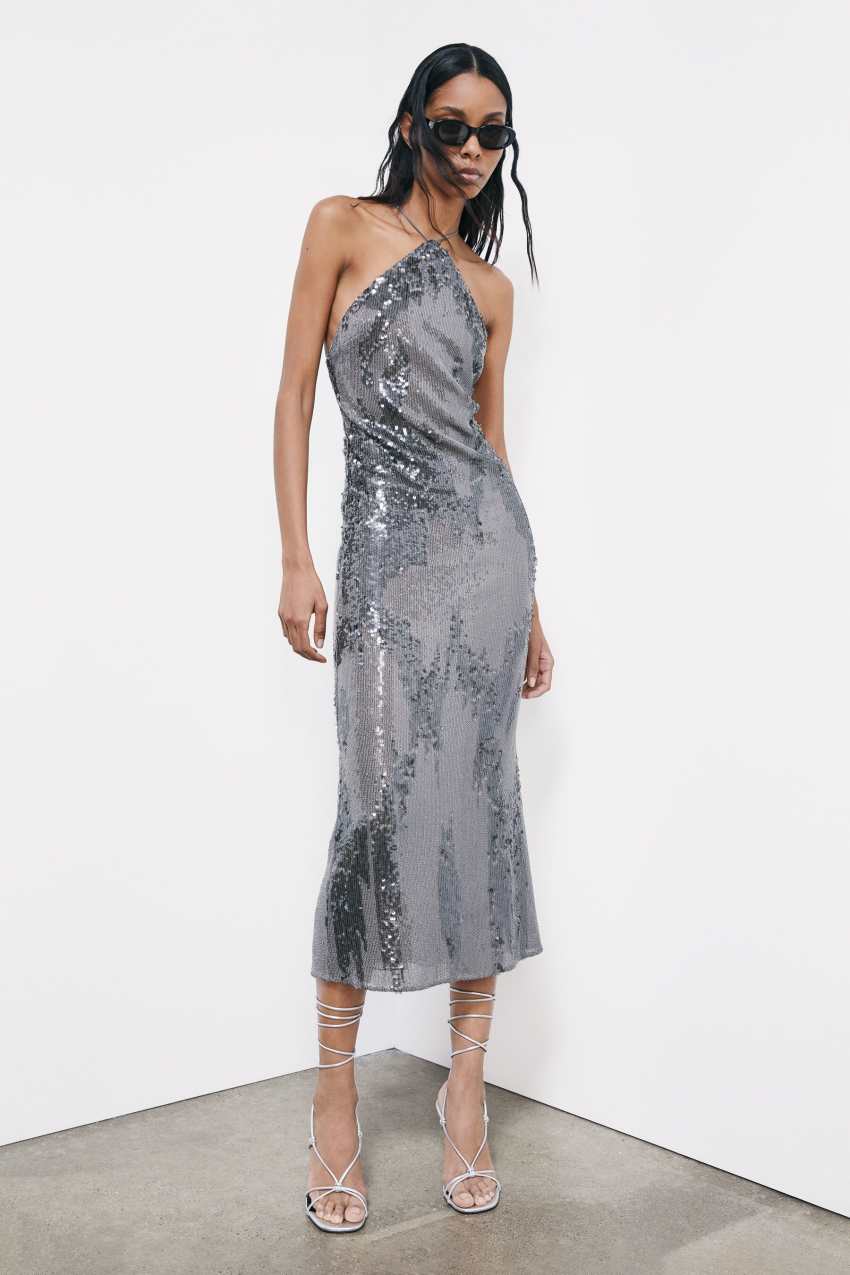 Long evening dress with all-over sequins