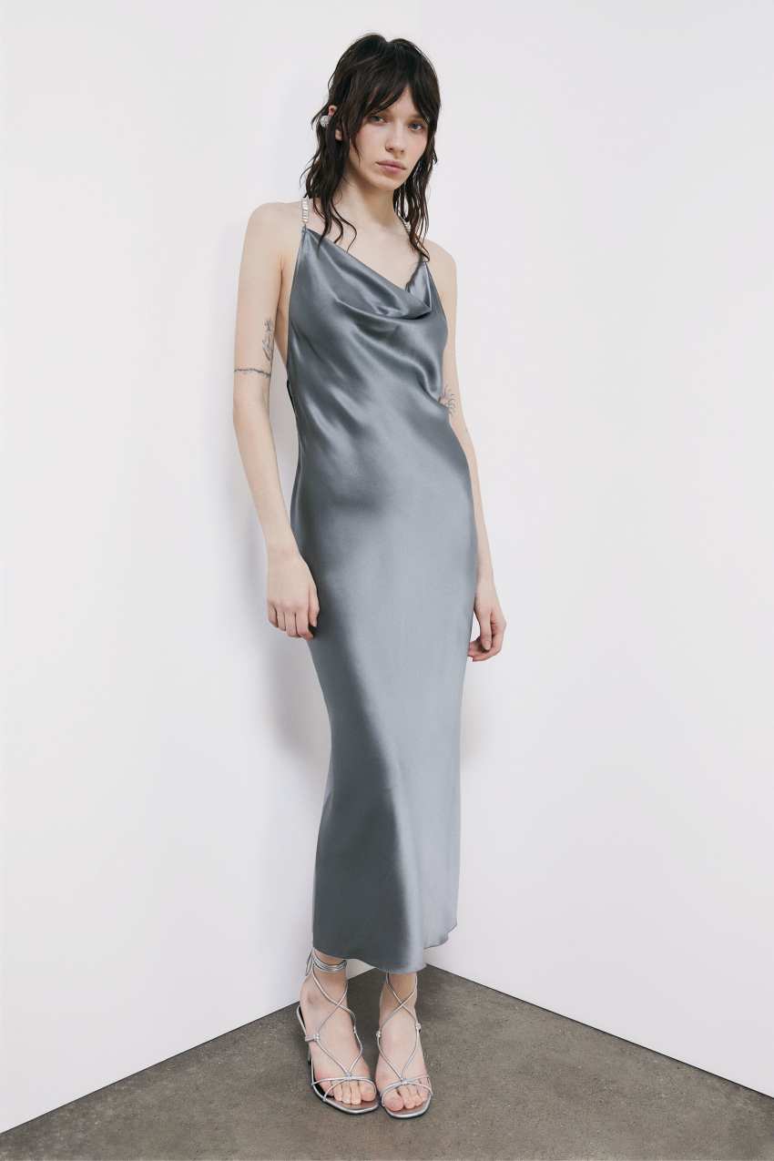 Silk evening dress with jewel detail - Grey Silk evening dress with jewel detail - Grey