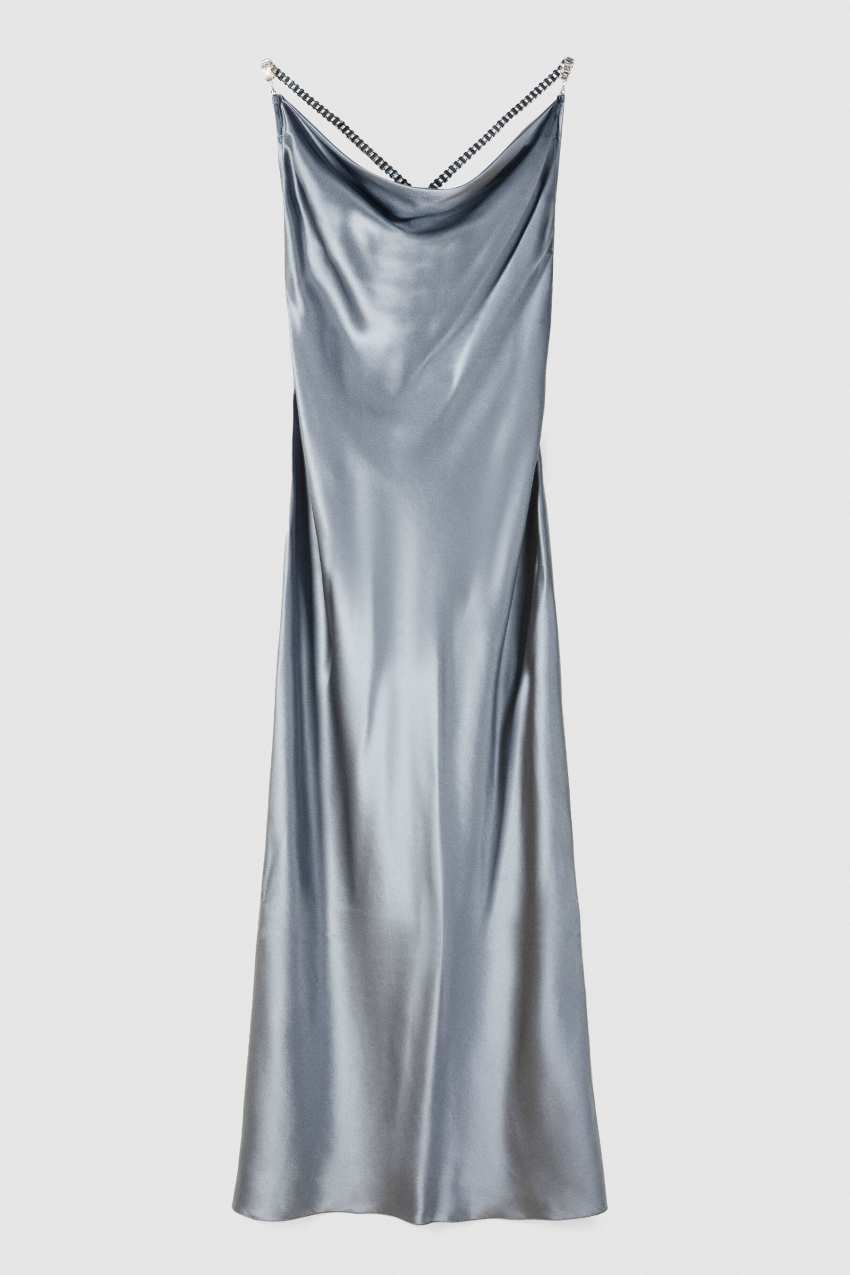 Silk evening dress with jewel detail - Grey Silk evening dress with jewel detail - Grey