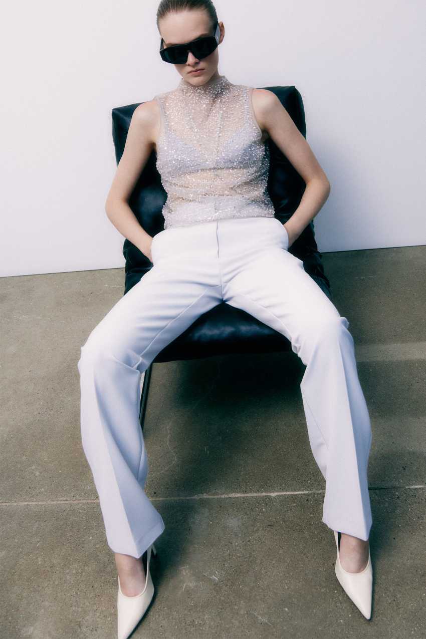 Embroidered tulle top with pearls