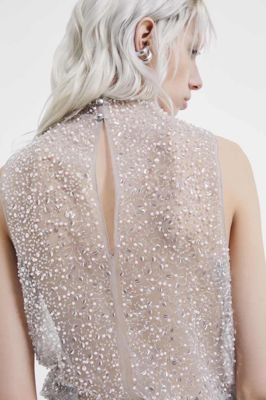 Embroidered tulle top with pearls