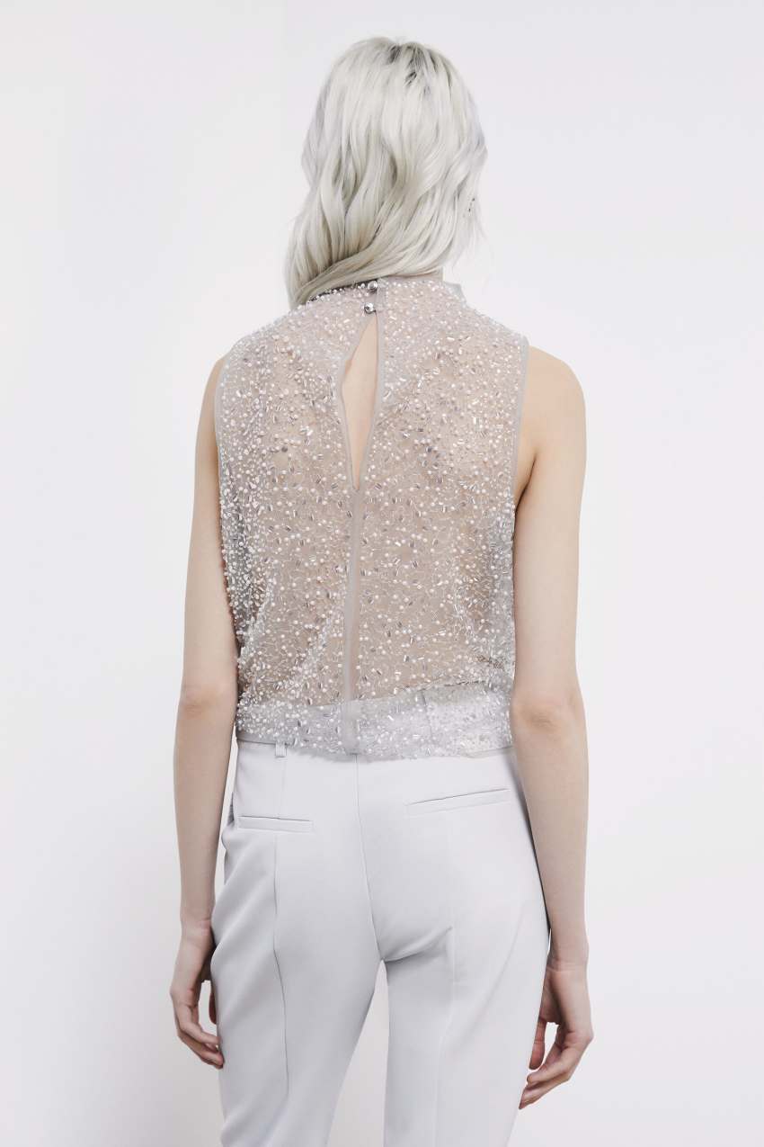 Embroidered tulle top with pearls