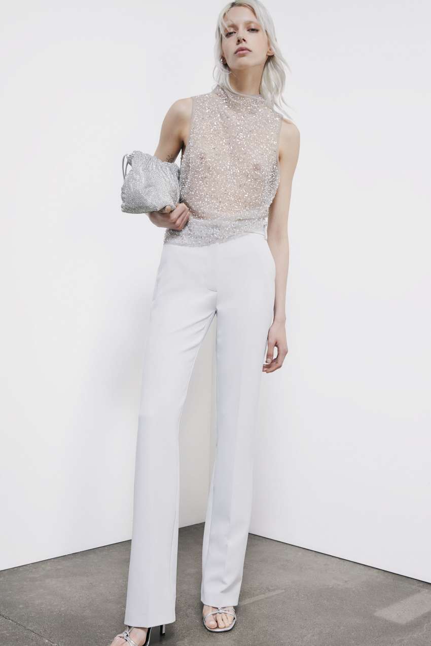 Embroidered tulle top with pearls