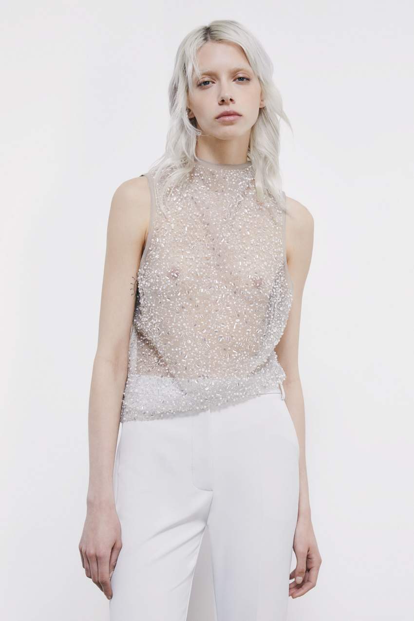 Embroidered tulle top with pearls