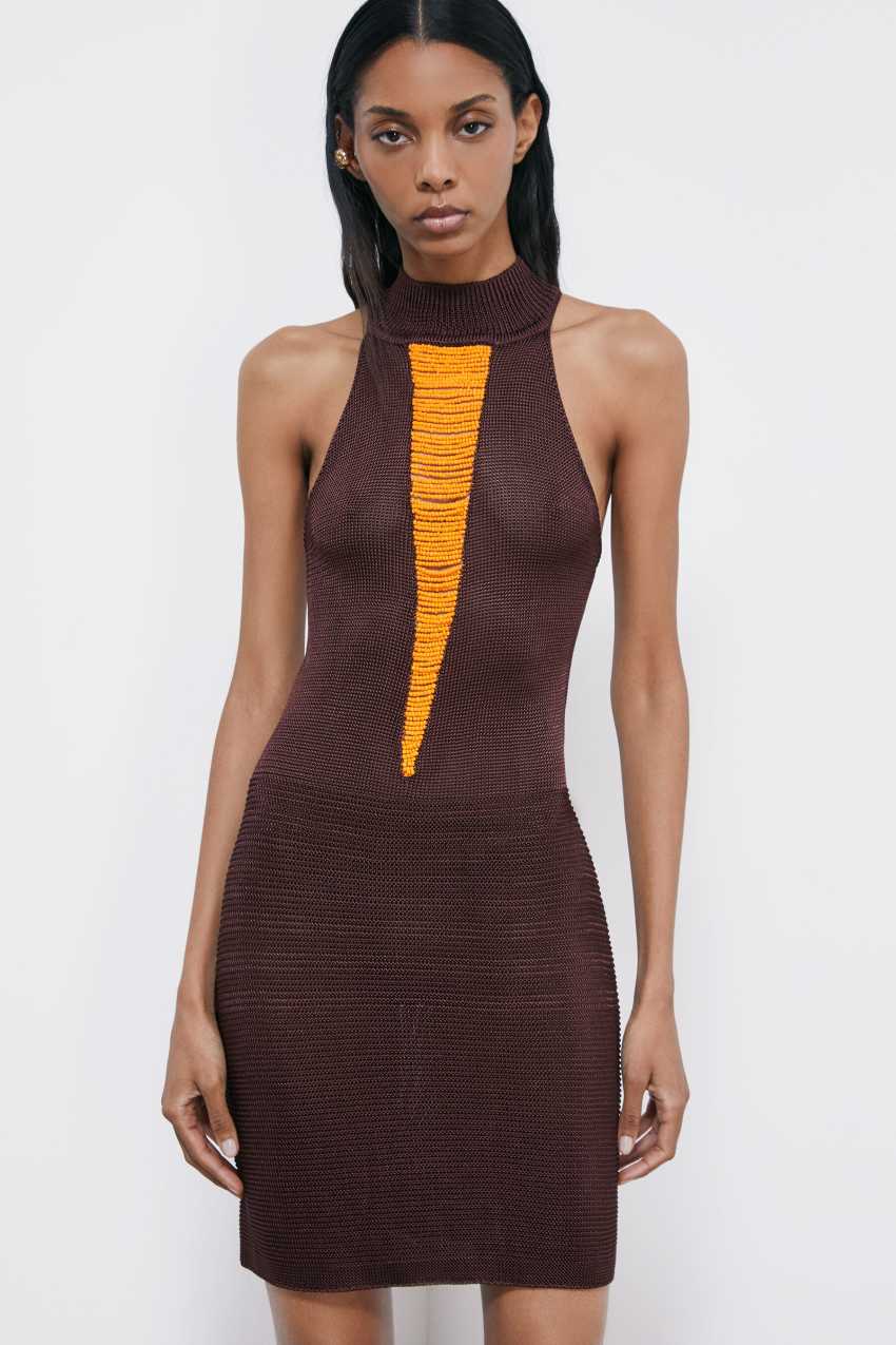 【PERVERZE】Pressed Knit Head Dress Mini knit dress with beads | Brown | Patrizia Pepe