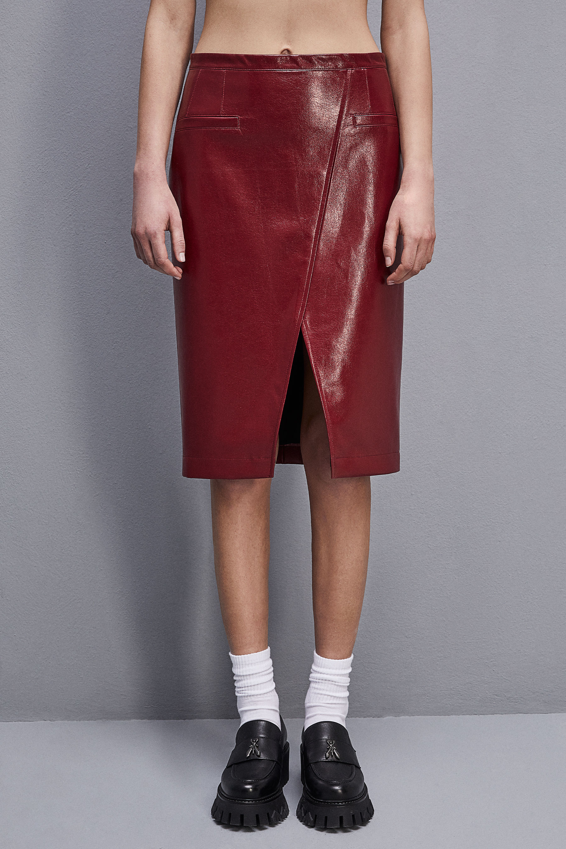 Red faux leather sale midi skirt