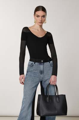 Fly leather shopping bag with shoulder strap, Black, Patrizia Pepe
