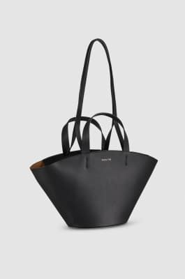 Leather shopping bag with handles, Black, Patrizia Pepe