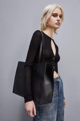 Hammered leather shopping bag, Black, Patrizia Pepe