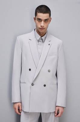 Straight double-breasted jacket in cool wool, Grey, Patrizia Pepe