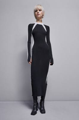Ribbed viscose blend dress, Black, White, Patrizia Pepe