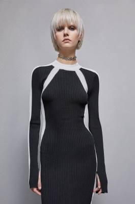 Ribbed viscose blend dress, Black, White, Patrizia Pepe
