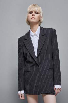 Pinstriped one-button flannel blazer, Black, Patrizia Pepe