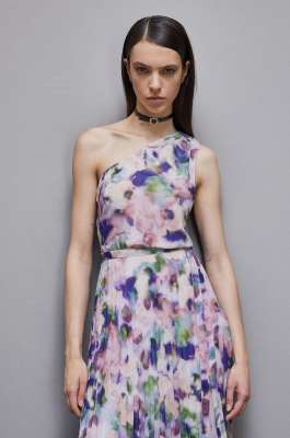 One-shoulder pleated chiffon dress, Multicolor, Patrizia Pepe