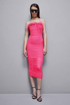 Tulle and jersey midi dress with feathers, Pink, Patrizia Pepe
