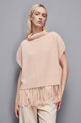 Organic wool fringed poncho, Beige, Patrizia Pepe