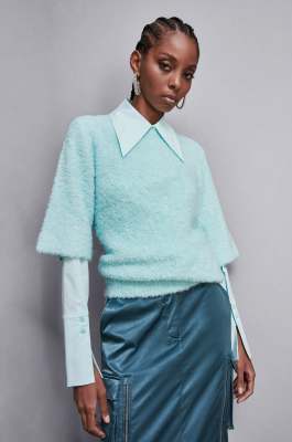 Pull tissu bouclette demi-manches, Bleu Ciel, Patrizia Pepe
