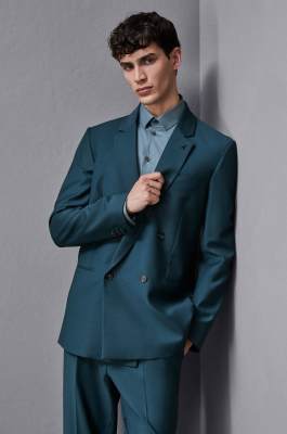 Straight double-breasted jacket in cool wool, Green, Patrizia Pepe